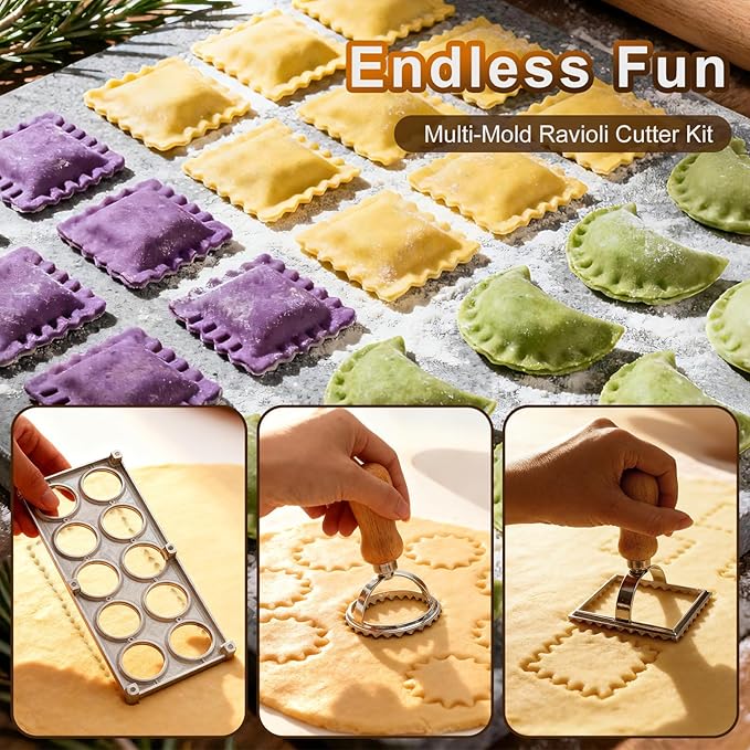 10Pcs Ravioli Cutter Mold, Pasta Making Kit with Round, Square Ravioli Stamp Maker Cutter, Ravioli Making Set Wood Rolling Pin