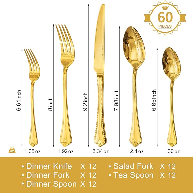 KINGSTONE Gold Silverware Set, 60-piece 18/10 Stainless Steel Flatware Set Cutlery Set for 12, for Kitchen, Home, Wedding, Party, Mirror Polished and Dishwasher Safe, Featured Gifts