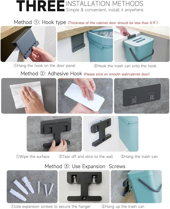 Countertop Compost Bin Kitchen, 1.8 Gallons Hanging Trash Can with Lid for Kitchen Cabinet Door, Under Sink, Wall Mounted Waste Bin for Bathroom, 7L(Black)