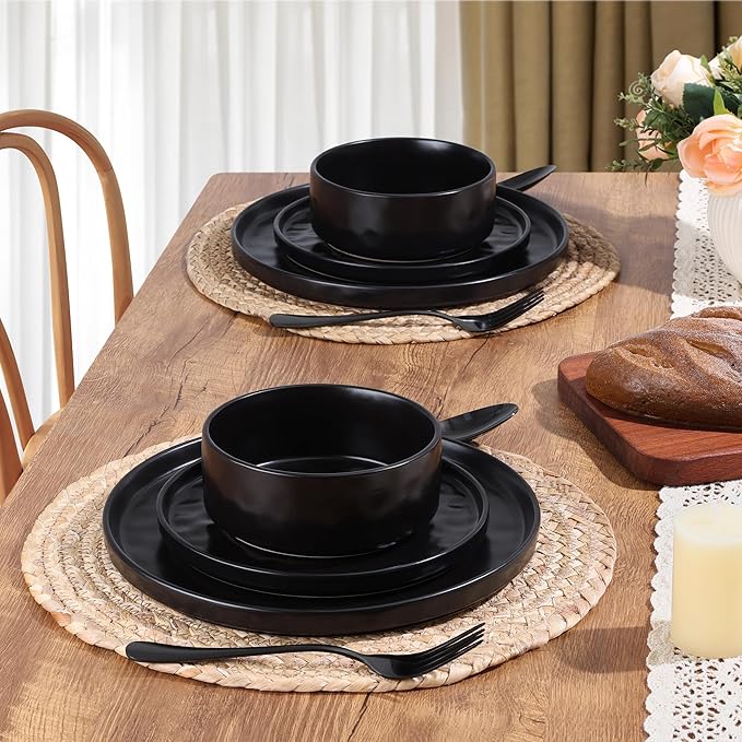LIANYU Stoneware Dinnerware Dishes Sets for 8, 24 Piece Plates and Bowls Dishware Set, Ceramic Dinning Ware Includes Dinner Salad Plates, Cereal Bowls, Chip & Scratch Resistant, Obsidian Matte Black
