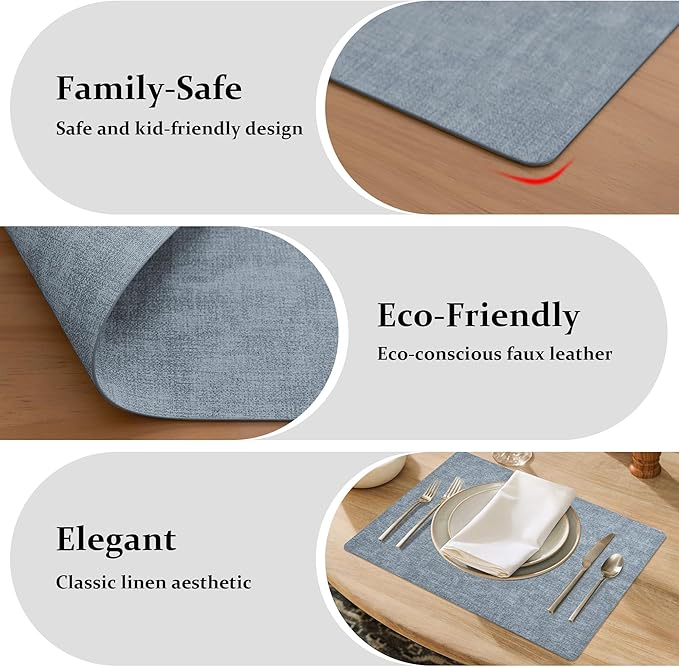 FROMHEART Faux Leather Placemats Set of 6–Waterproof,Heat/Oil Stain-Resistant PU Table Mat–Reversible,Non-Slip,Easy to Clean Place Mats for Kitchen,Dining,Indoor/Outdoor,(Light Blue,11.8" x 17")
