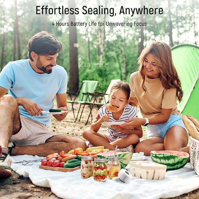 Mason Jar Vacuum Sealer Kit, 3-in-1 Auto-Stop Jar Sealer for Mason Jars, Bags & Food Containers, 1H Fast Charge, 4H Battery Life, Up to 250 Seals, Mason Jar Sealer in 7s, Easy One-Handed Operation