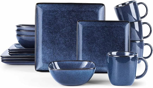 LIANYU 16 Piece Square Dinnerware Sets with Coffee Cups, Ceramic Plates and Bowls Sets for 4, Dinner Dishes for Kitchen Dining, Microwave & Dishwasher Safe, Sapphire Blue