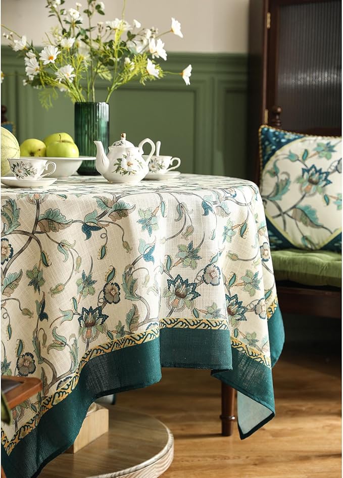 patdrea Designer Floral Linen Table Cloth Durable Breathable Tabletop Cover Decorative Kitchen Dining Tablecloth for Round Tables for Kitchen Dining Parties,Holiday Christmas,Diameter 67"