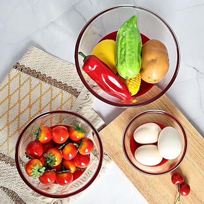 Glass Mixing Bowls Set of 3 with BPA-Free Airtight Lids, Large Nesting Bowls with Non-Slip Silicone Base, Ideal for Food Storage, Dishwasher & Microwave Safe, Sizes: 2, 1, 0.5 QT Red