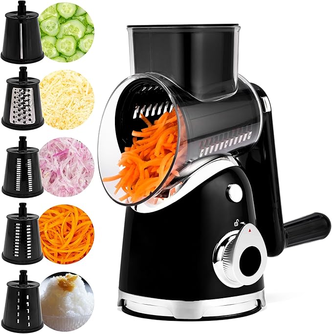 SUSTEAS Rotary Cheese Grater with Handle,Vegetable Slicer with 6 Interchangeable Blades, Reinforced Suction,Easy to Clean,Kitchen Shredder for Crushed Ice,Fruits and Nuts with Blade Storage Case,Black