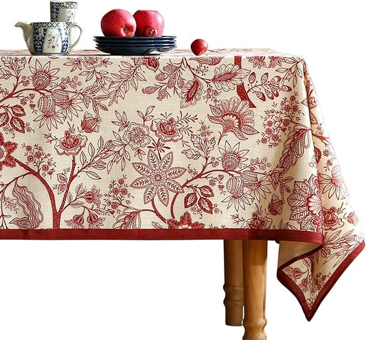 French Tablecloth for Rectangle Tables,Linen Table Cloth with Red Flowers Pattern,Heavy Durable Table Cover for Dining Thanksgiving Kitchen Decor Party Christmas,55"*71"