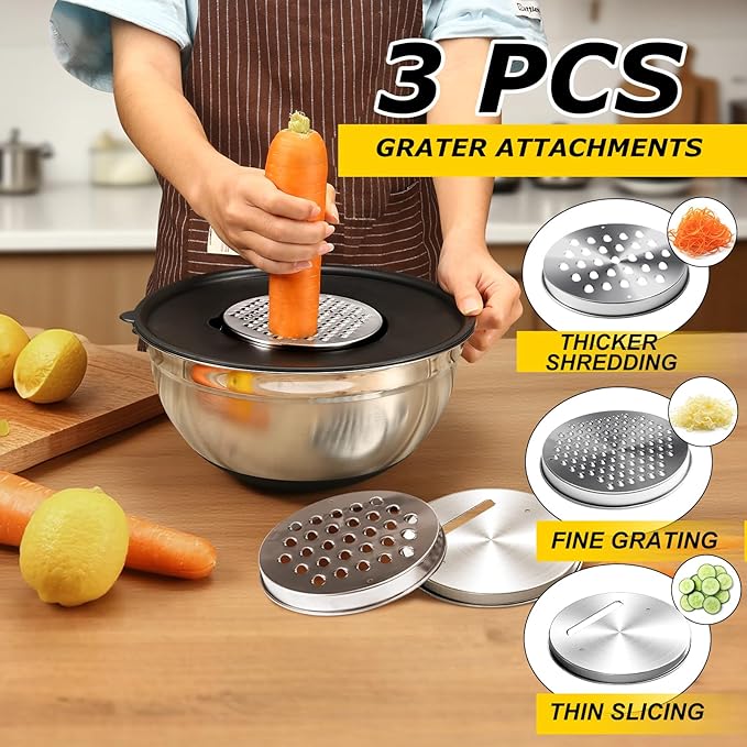 24Pcs Stainless Steel Bowls Set with 6 Airtight Lids & 3 Graters - Premium Non-Slip Base Nesting Mixing Bowls for Food Prep, Serving & Storage