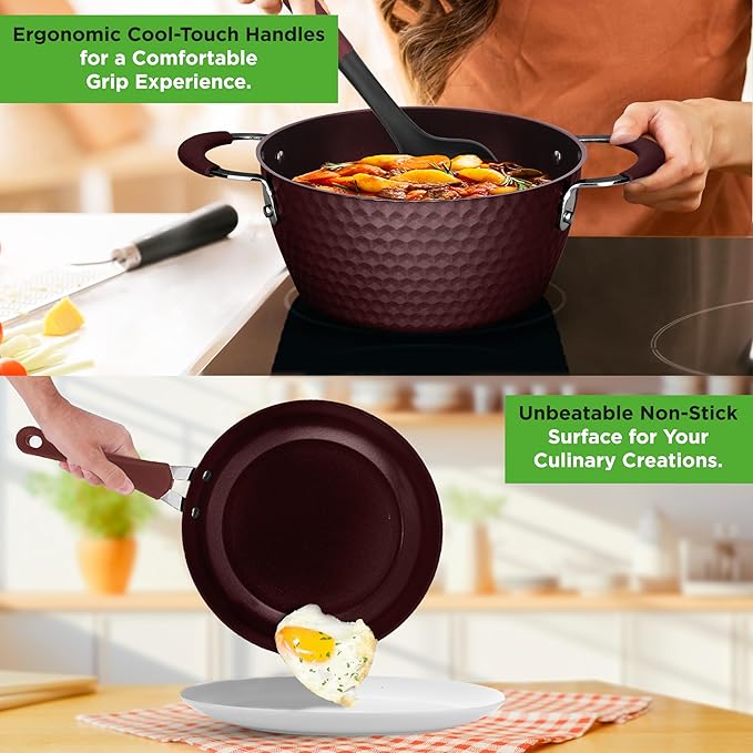 NutriChef Nonstick Cookware Excilon Home Kitchen Ware Pots & Pan Set with Saucepan Frying Pans, Cooking Pots, Lids, Utensil PTFE/PFOA/PFOS free, 11 Pcs, Purple Diamond, One size