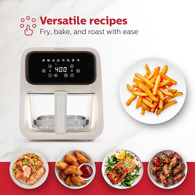 Holstein Housewares 4.2 QT Digital Air Fryer with Glass Basket, With Hot Air Technology, Up to 400° & Non -Stick Frying Pan for Less Oil Use. Air Fry, Bake, Grill, Dehydrate & Roast Healthy Meals