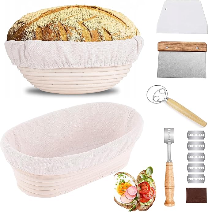 Sourdough Bread Baking Supplies, 9 Inch Round Bread Banneton Proofing Basket & 10 Inch Oval Proofing Basket with Liner Sourdough Starter Kit for Making Baking Fermentation