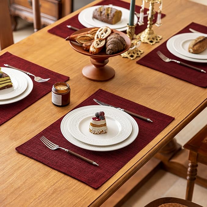 KXN Christmas Placemats Set of 4, Dual-Layer Thickened Faux Linen Table Mats, Heat Resistant & Wrinkle-Free, Machine Washable Cloth Place Mats for Kitchen Dining Indoor Outdoor (Red)