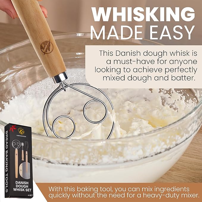 Danish Dough Whisk Stainless Steel Set 4PCS – Dough Hook 13'', Sourdough & Bread Making Tools Kit – Includes Wooden Bench Scraper, Bread Lame & Pastry Brush – Top Sour Dough Tools for Baking