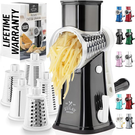 Zulay Kitchen Rotary Cheese Grater 5 Blade Cheese Shredder - Manual Hand Crank Cheese Grater With Reinforced Suction & 5 Interchangeable Drums - Easy to Use, Vegetable Chopper Round Mandoline Slicer