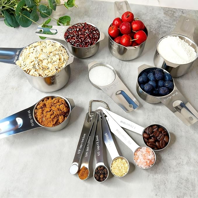 Stainless Steel Measuring Cups and Measuring Spoons Set with Circular Connector,Kitchen Measuring Spoons and Cups，kitchen tool for cooking and baking(13 Piece Set)