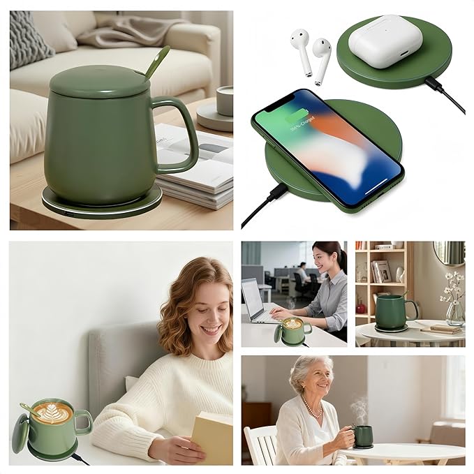 Smart Temperature Control Mug, 13 Oz Premium Ceramic Coffee Cup with 15W Wireless Charger, Charges Phones, Olive Green