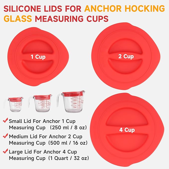 Silicone Replacement Lid Only Fit For Anchor Hocking 1-Cup, 2-Cup, 4-Cup Glass Measuring Cup, Reusable & Durable, Dishwasher, Microwave Safe (Cup not Included)