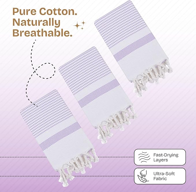 Lavender Turkish Kitchen Towels 16x26 Inch, 3 Pack, 100% Cotton, Ultra Absorbent, Soft, Fast Dry, Machine Washable, Dish Towel with Tassels for Drying Dishes, Cleaning, Everyday Use
