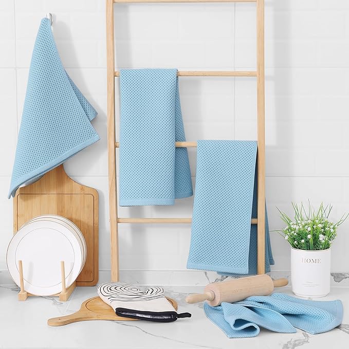 Homaxy 100% Cotton Waffle Weave Kitchen Dish Towels, Ultra Soft Absorbent Quick Drying Cleaning Towel, 13 x 28 Inches, 6-Pack, Sky Blue