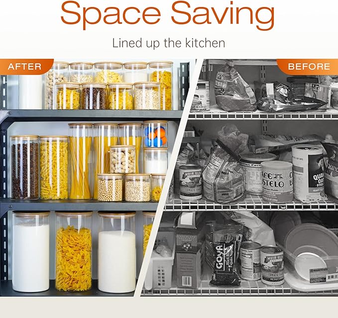 Large Glass Flour and Sugar Containers 180oz x2 & 93oz x2 [Set of 4], Glass Food Storage Containers with Bamboo Lids, Glass Jar with Airtight Lid for Spaghetti Pasta,Rice,Cereal,Coffee, Oat