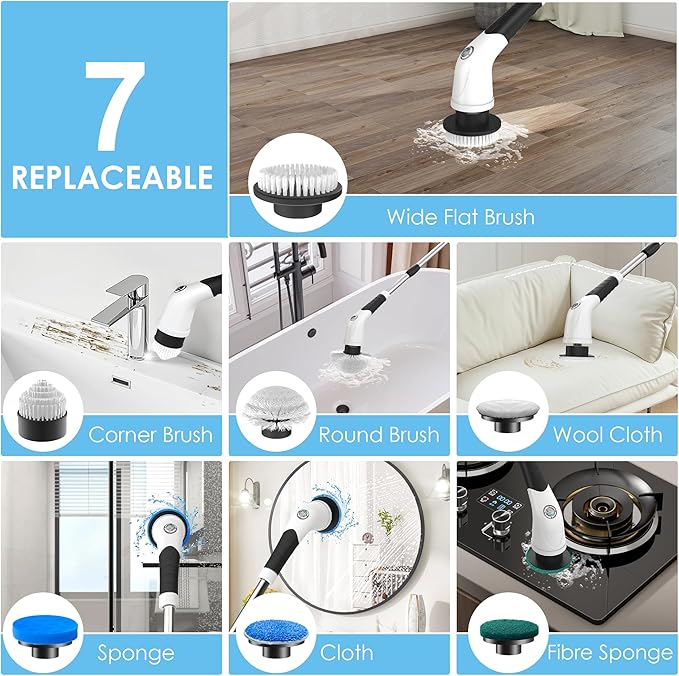 Electric Spin Scrubber,Cordless Cleaning Brush, 3-Speed,7 Replaceable Brush Heads & Long Detachable Handle, LCD Display Shows RPM/Torque/Battery, for Bathroom, Kitchen, Tile