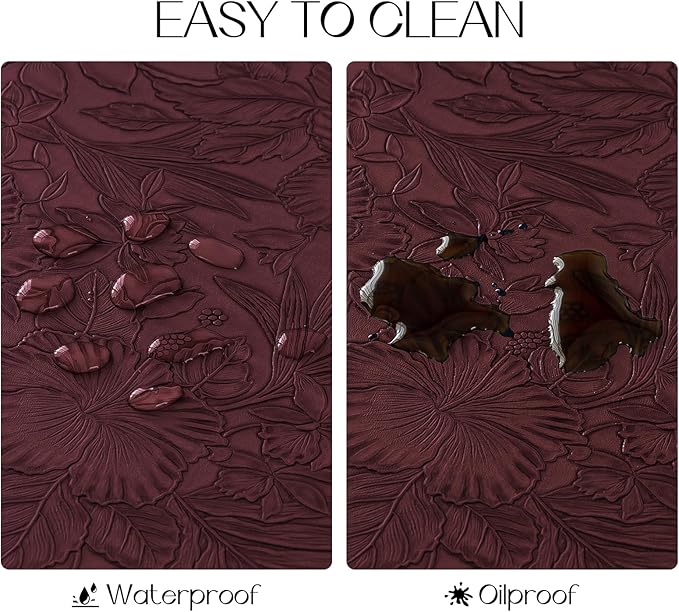 Romanstile Vinyl Placemats Set of 8-12 X 18 Inch - Heat Resistant Non-Slip Embossed Floral Place Mats 100% Waterproof Oilproof Wipeable Faux Leather Table Mats for Kitchen/Dining/Party, Burgundy