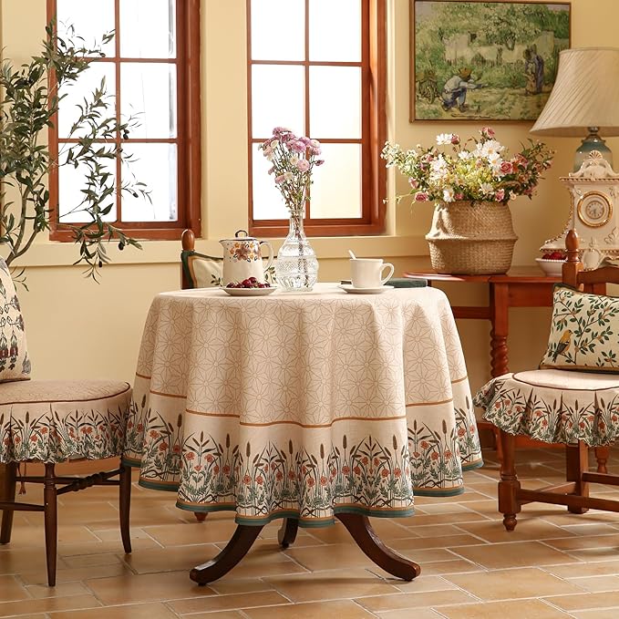 patdrea Designer Floral Linen Table Cloth Durable Breathable Tabletop Cover Dacorative Kitchen Dining Tablecloth for Round Tables for Kitchen Dining Parties,Holiday Christmas,Diameter 55"