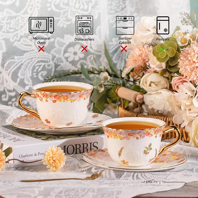 KAMMAK Tea Cups and Saucers Set of 2, Reinforced Porcelain Coffee Cups, 8.5-Ounce Stackable Espresso Mugs, Ceramic Demitasse for Coffee, Cappuccino, Latte, Americano, Tea, Secret Flourish