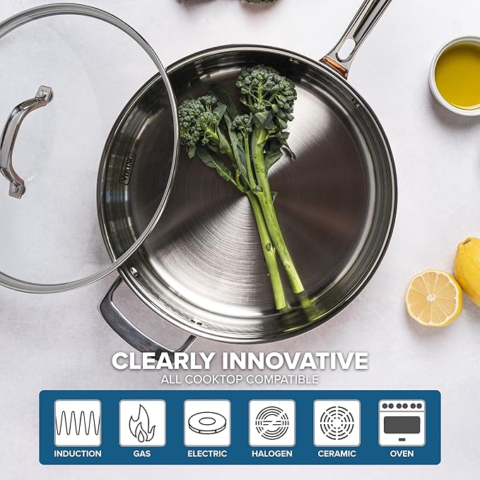 Viking 3-Ply Pots and Pans Set, 10 Piece Copper Kitchen Cookware with Glass Lids, Hammered Copper