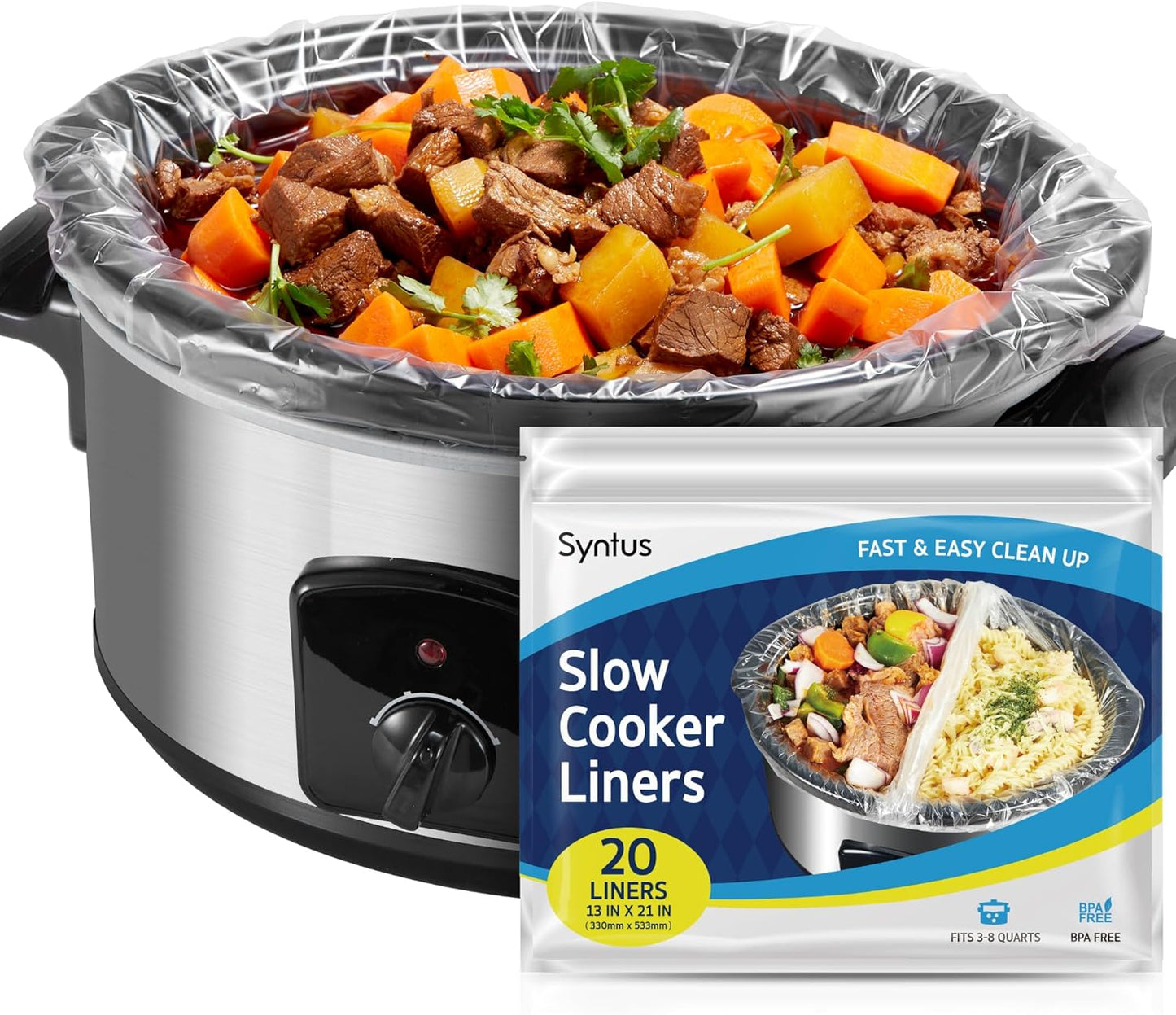 Syntus Crock Pot Liners, 20 Count 13" x 21" Large Size Slow Cooker Liners Fits 3-8 Quart Pots, Disposable Cooking Bags Suitable for Oval & Round & Retangular Crock Pot