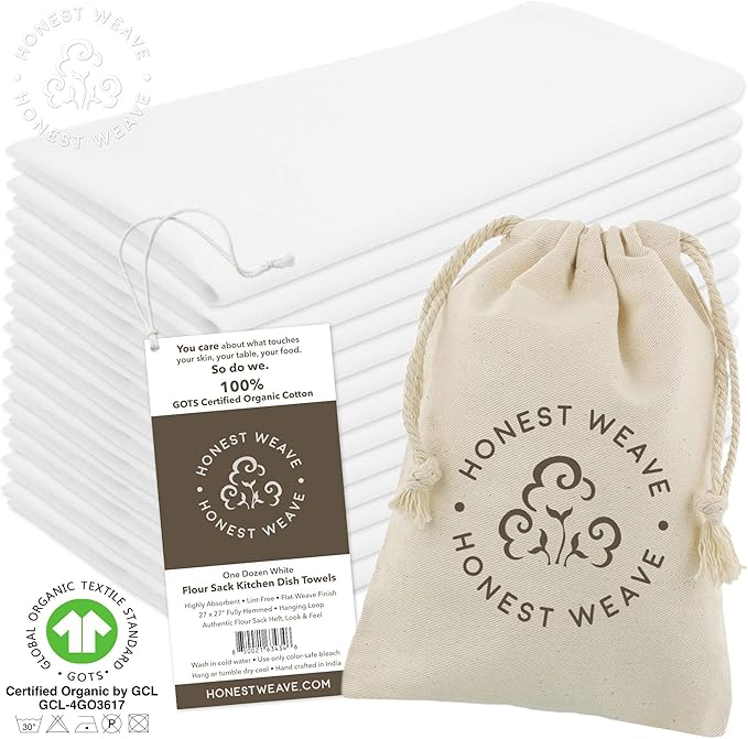 GOTS Certified 100% Organic Flour Sack Cotton Kitchen Hand and Dish Towel Sets - Extra Large 27x27 inches, Fully Hemmed, 12-Pack, White