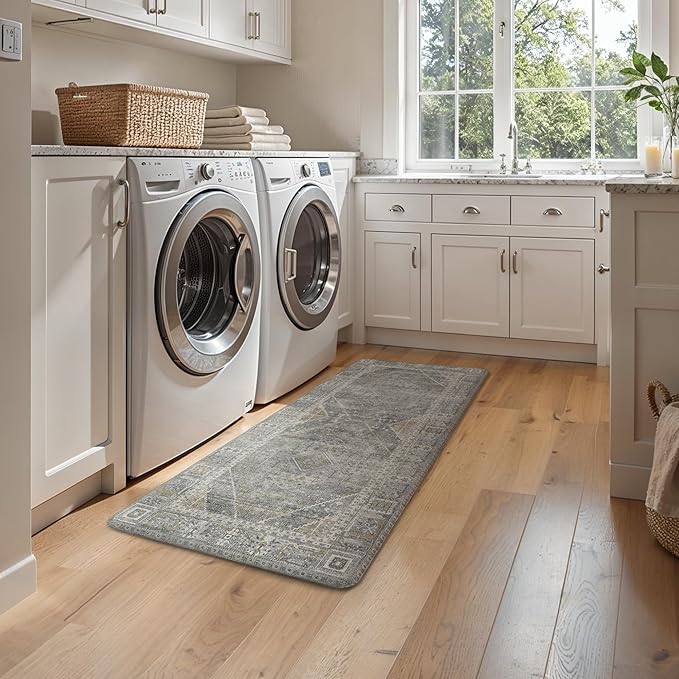 GENIMO Kitchen Mats for Floor 2PCs, Washable Anti Fatigue Mat for Cushioned, 17.3"x47"+17.3"x30", Waterproof Kitchen Rugs, Non Slip Comfort Standing Mat Rug for Home, Sink, Laundry, Lightgrey