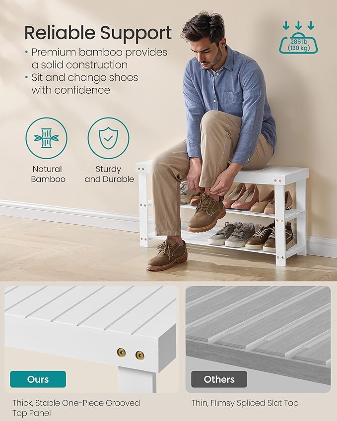 SONGMICS Shoe Rack Bench, 3-Tier Bamboo Shoe Storage Organizer, Entryway Bench, Holds Up to 286 lb, 11.3 x 35.4 x 17.8 Inches, for Entryway Bathroom Bedroom, Cloud White ULBS090W01