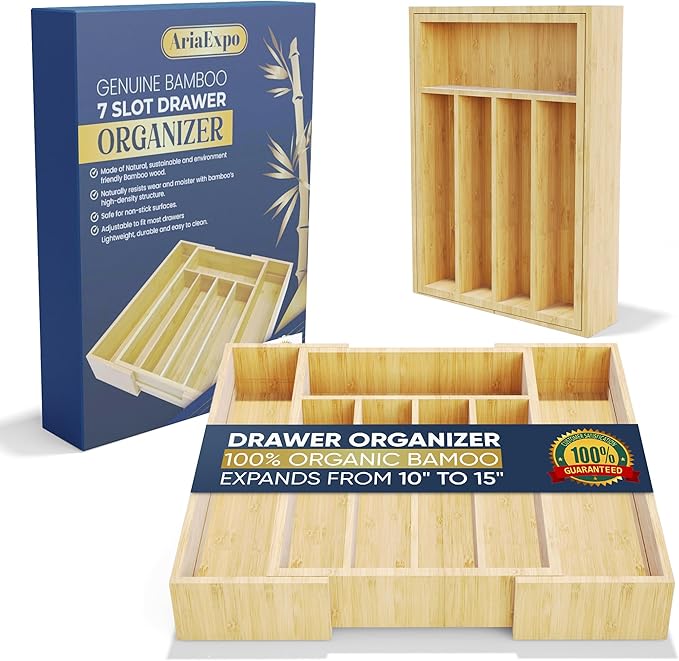 Expandable Bamboo Silverware Organizer Utensil Drawer Organizer Kitchen Utensil Organizer Cutlery Drawer Organizer 5-7 Slot Flatware Organizer For Drawers Gift Box 10-15 inch Length 14 Inch Height