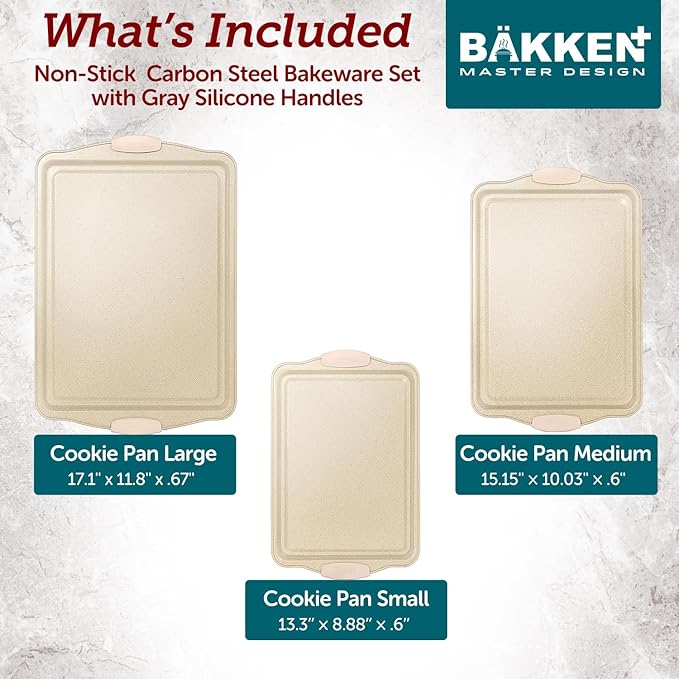 BAKKEN Kitchen Baking Pans - Medium (15.15 × 10.03") and Large (17.1 x 11.8") Nonstick Sheets, Carbon Steel Cookie Sheets with White Silicone Handle, PFOA, PFOS, PTFE Free, Oven Safe (450°F), Set of 2