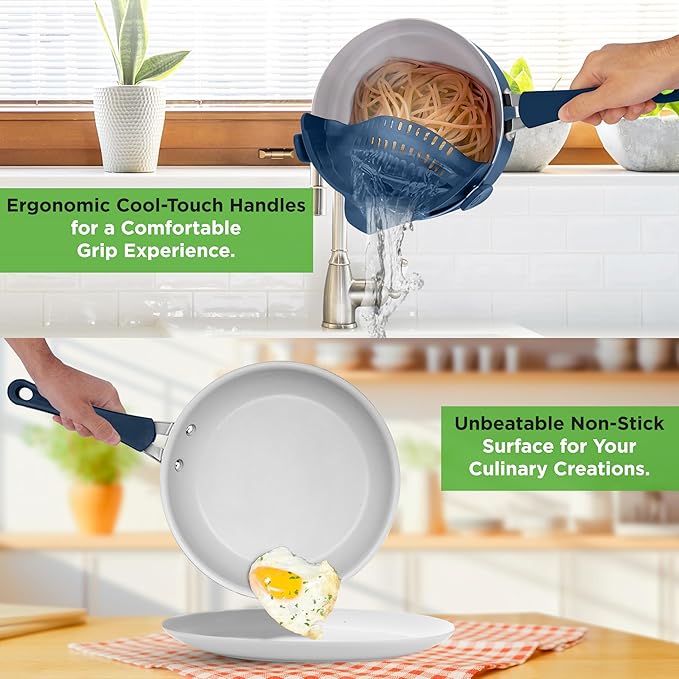 NutriChef 14-Piece Navy Blue Cookware Set - Durable Non-Stick Pots and Pans Set with Lids & Utensils, Compatible with All Cooktops