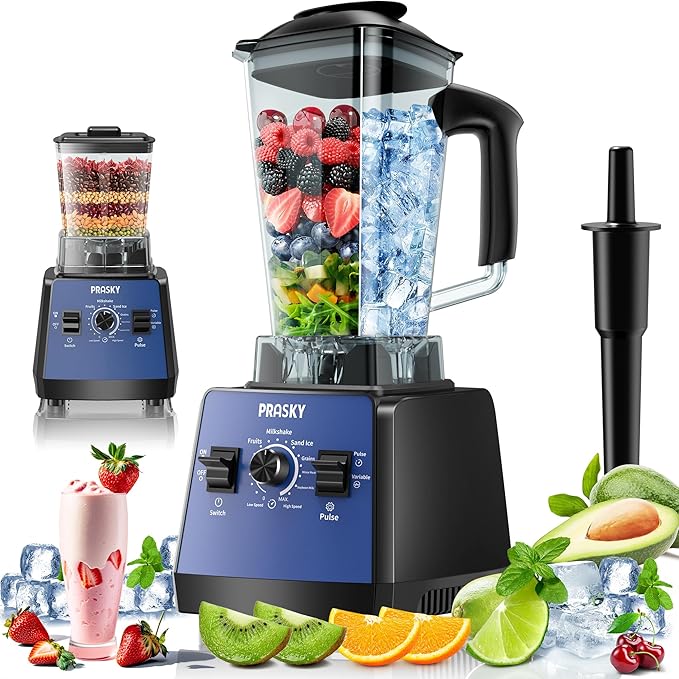 Professional Blender,Smoothies Blenders, PRASKY Max.2400Watts/1000Watts Blender and Grinder Combo 25000RPM Powerful Kitchen 68oz BPA Free 2 Containers Countertop Blenders Ice Crushing (Blue)