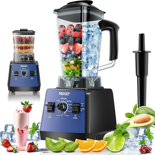 Professional Blender,Smoothies Blenders, PRASKY Max.2400Watts/1000Watts Blender and Grinder Combo 25000RPM Powerful Kitchen 68oz BPA Free 2 Containers Countertop Blenders Ice Crushing (Blue)
