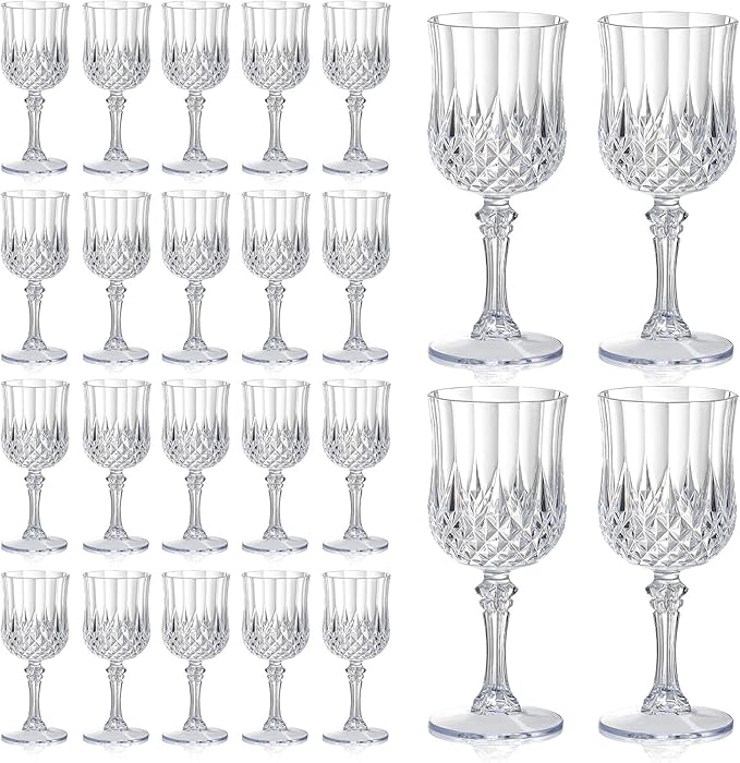 XUWAIDSGN 24 Pcs 7oz Plastic Vintage Wine Glasses Drinking Glasses Unbreakable Wedding Glassware Crystal Water Goblets Reusable Drinkware Vintage Champagne Flutes (24, Clear)