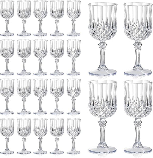 XUWAIDSGN 24 Pcs 7oz Plastic Vintage Wine Glasses Drinking Glasses Unbreakable Wedding Glassware Crystal Water Goblets Reusable Drinkware Vintage Champagne Flutes (24, Clear)