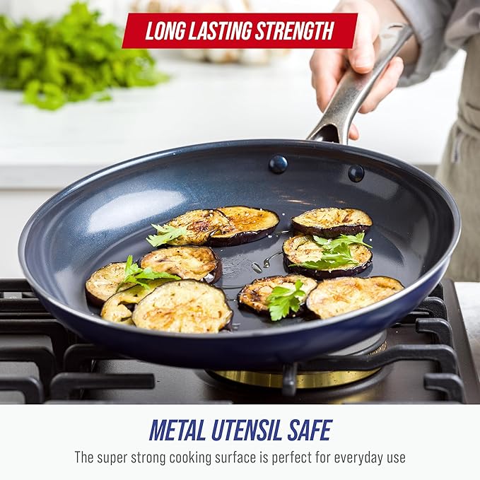 Blue Diamond 12" Nonstick Frying Pan Skillet, Diamond Infused PFAS & PTFE-Free Ceramic Pot, Dishwasher & Oven Safe, Stay Cool Handle, Durable Non Toxic Metal Utensil Safe, Egg & Omelet Pan, Blue