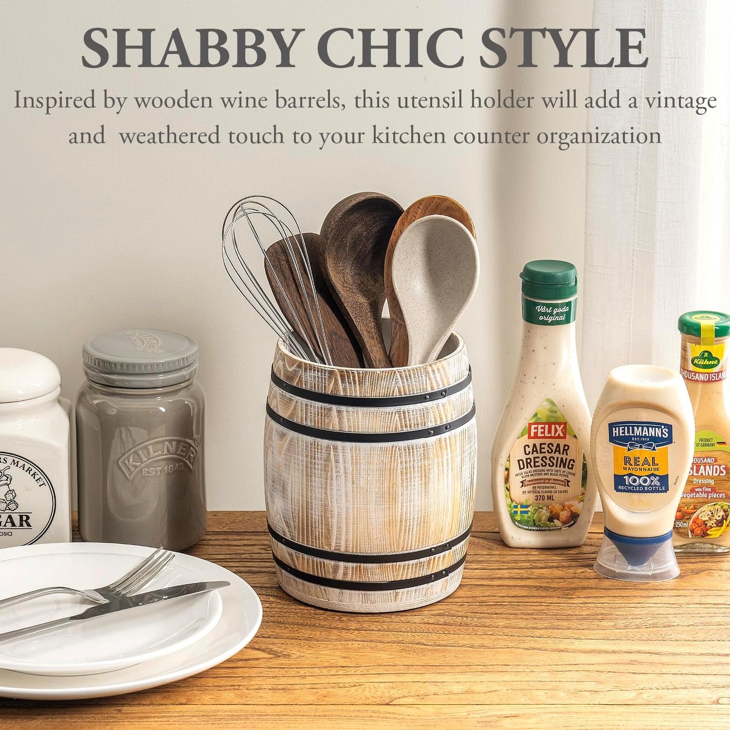 MyGift Wine Barrel Design Kitchen Utensil Holder Crock, Vintage White Washed Solid Wood Cooking Utensils Organizer