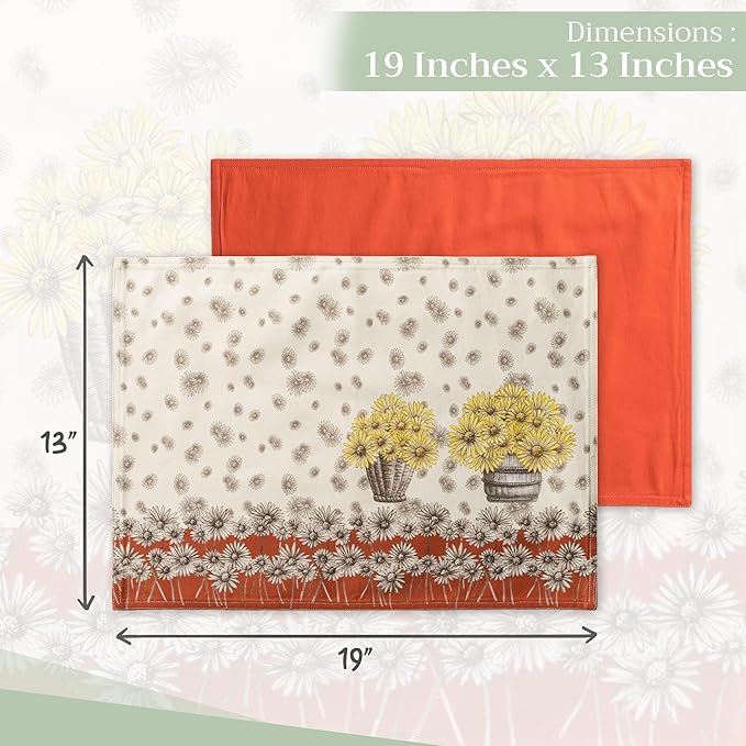 Maison d' Hermine Placemats Set of 4 100% Cotton Washable Cloth Place Mats, Reusable Table Mats for Thanksgiving Christmas Decorations Kitchen Dining Party Wedding Restaurant (Bagatelle, 13" x 19")