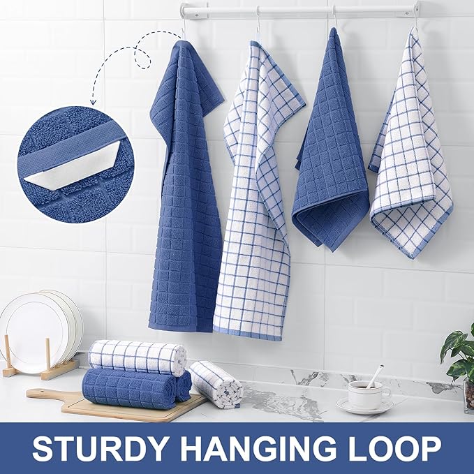 Homaxy Premium Cotton Kitchen Towels 16"x 28", Large Natural Ring Spun 390 GSM Dish Towels, Super Absorbent Terry Kitchen Hand Towels, Soft Tea Towel with Hanging Loop, Navy Blue Check Design, 6 Pack