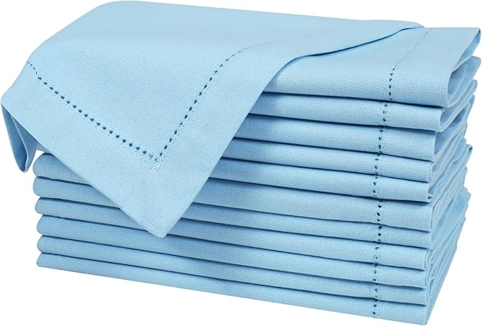 Bedding Craft Cloth Dinner Napkins Set of 12 – 18x18 Airy Blue Linen-Look Hemstitched – Soft Machine Washable Reusable Napkins for Weddings, Parties & Elegant Table Settings