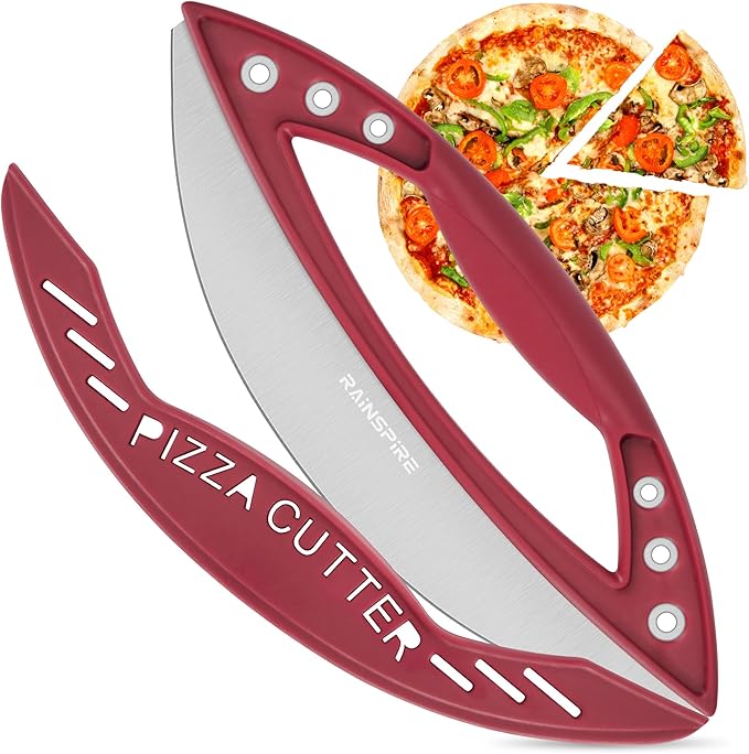 Rainspire 12" Pizza Cutter Rocker Blade Stainless Steel Pizza Rocker with Cover Sharp Blade Pizza Knife Dishwasher Safe Kitchen Gadgets Home Essentials, Red