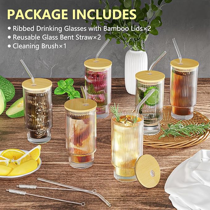 16OZ Glass Cups with Lids and Straws, Vintage Glassware for Whiskey Cocktail Beer, Iced Coffee Cups with Lid, Glass Tumbler with Straw and Lid (2 PACK)