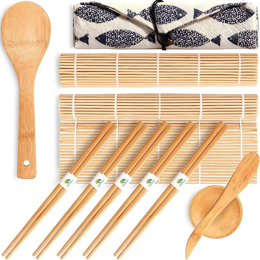 No Plastic Bamboo Sushi Making Kit, Sushi Roller, 2 Bamboo Sushi Rolling Mats, 5 Pairs Chopsticks, Sauce Dish & More - Natural Sushi Maker Set for Beginners DIY Sushi at Home