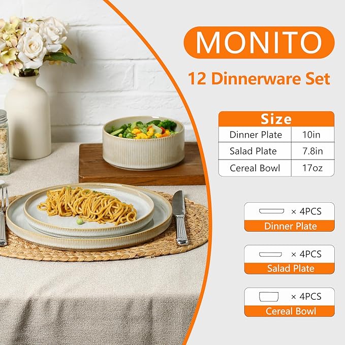 MONITO Ceramic Dinnerware Sets for 4, 12PCS Stoneware Plates and Bowls Sets, Reactive Glaze Dish Set, Chip and Scratch Resistant Double, Microwave and Dishwasher Safe, Beige