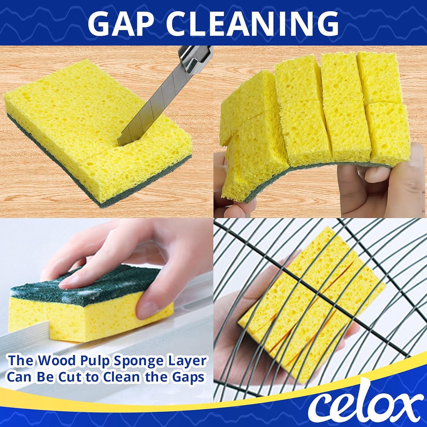 CELOX 12 Pack Dish Sponge for Kitchen, Dual Sided Scrub Heavy Duty, Non Scratch Sponges Perfect for Dishwashing and Household Cleaning, Highly Absorbent and Easy to Dry for Reuse
